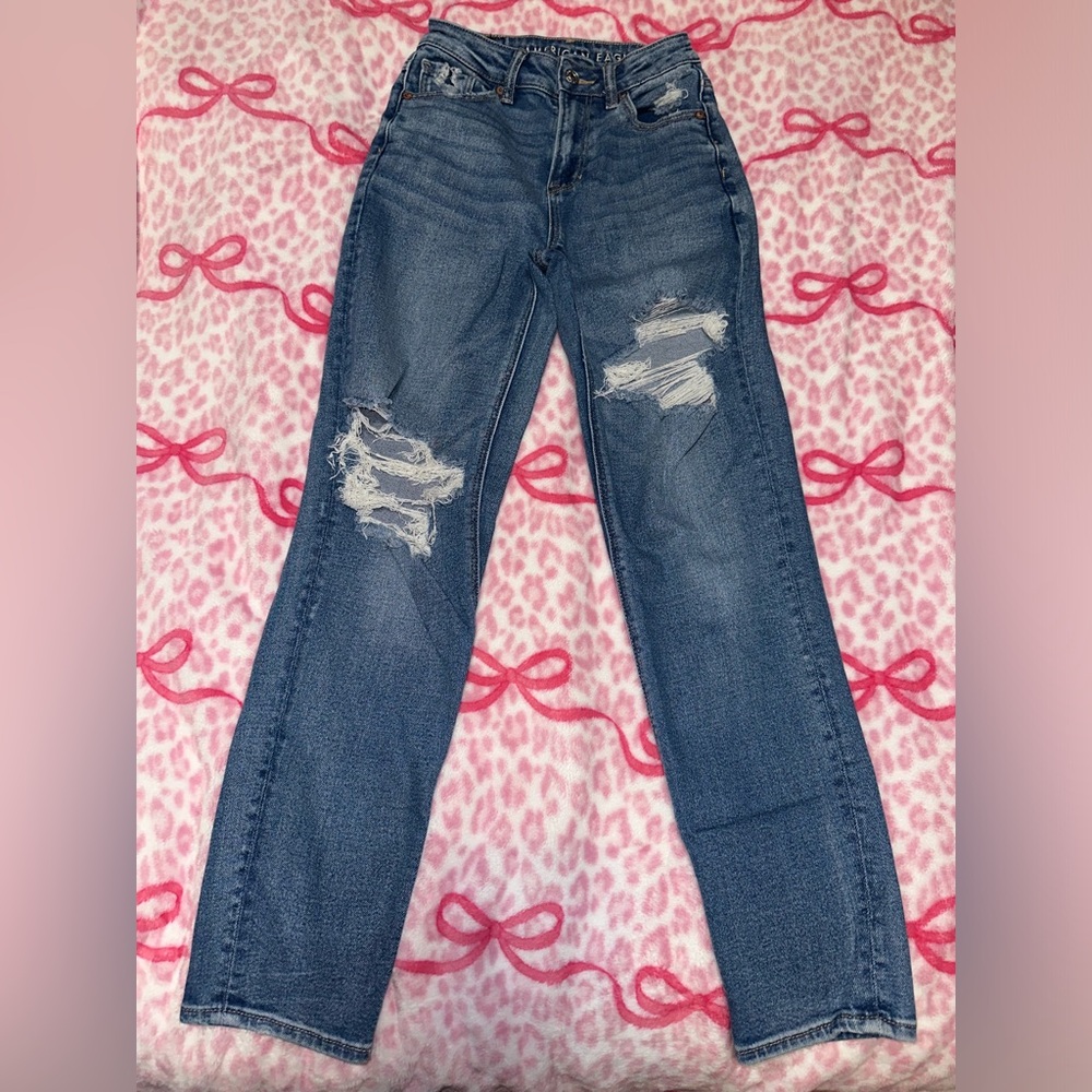American Eagle Distressed Mom Jeans in Blue